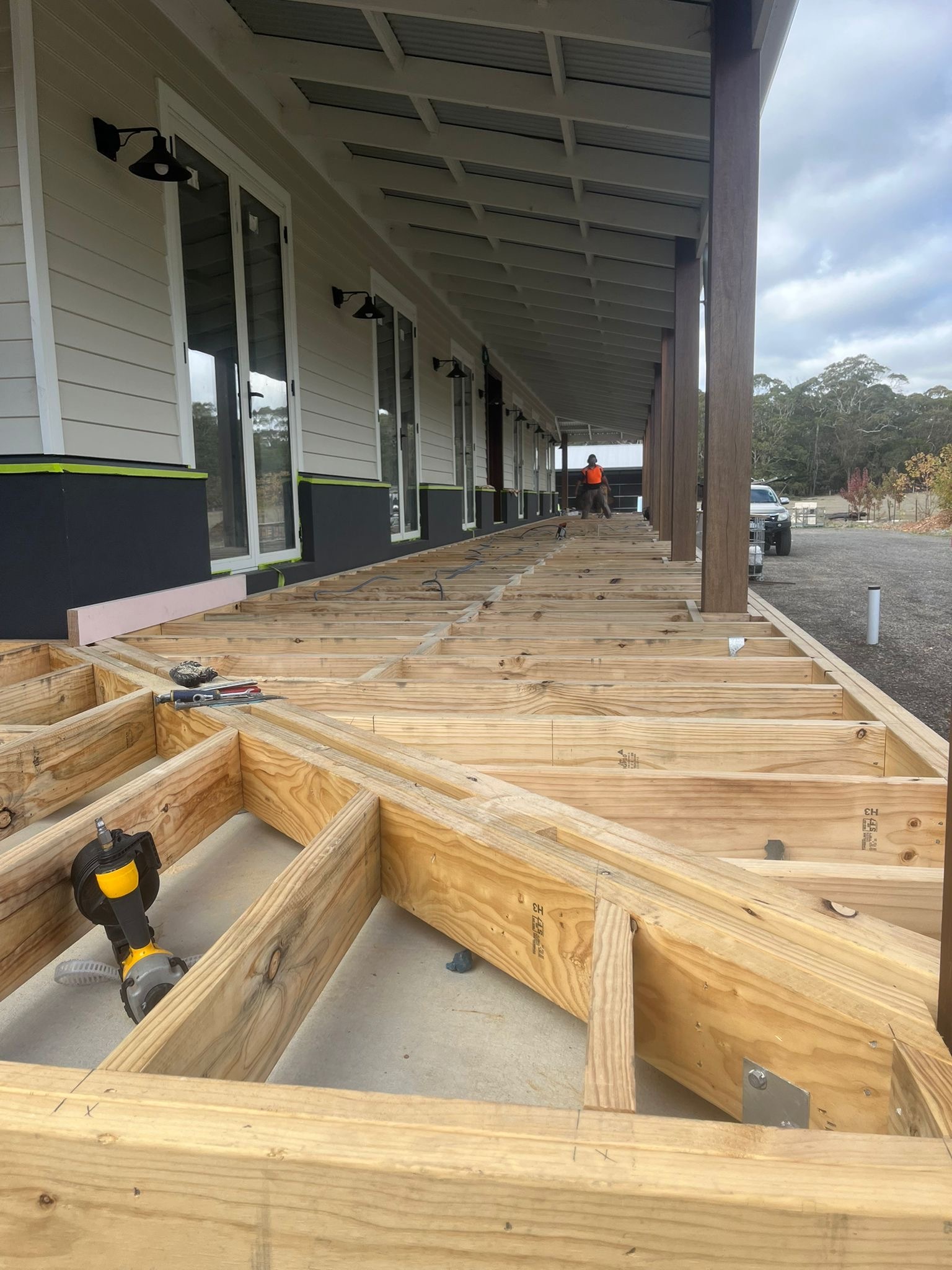 Frontline Construction Group carpentry — timber deck subframe in progress